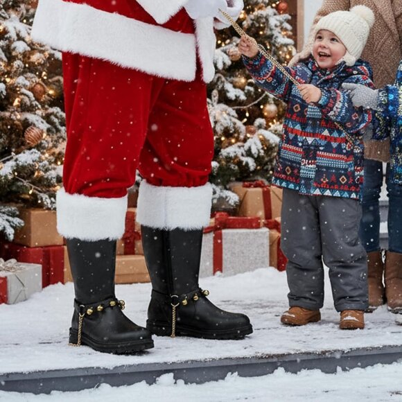 Men's Black Brass Bells Premium Faux Leather Wide Calf Santa Combat Shoes - Picture 3 of 8